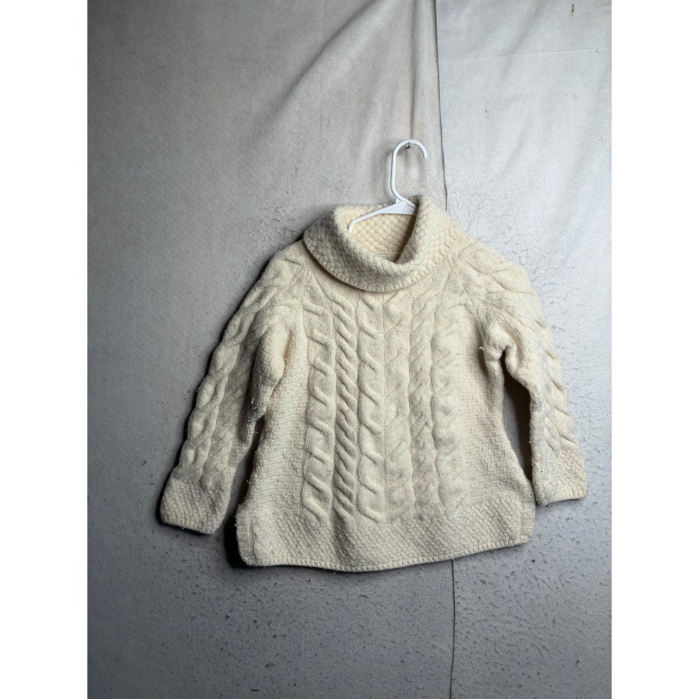 Shannon Woolen Mills Merino Wool Aran Cable Knit Cowl Neck Sweater Cream Medium
